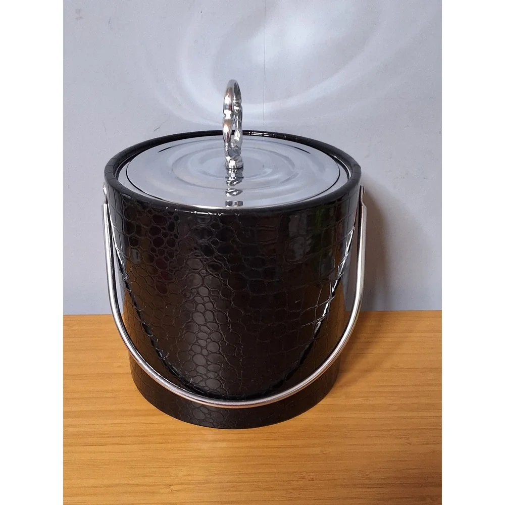Vintage Irvinware Black Faux Crocodile Ice Bucket Chrome Lid Made in USA MCM